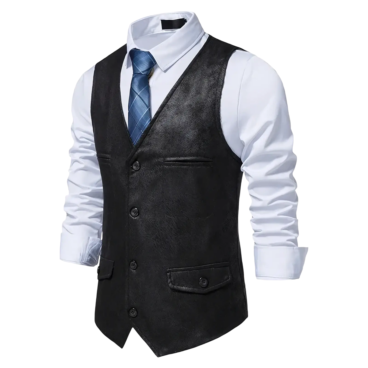 Men brown suede waistcoat business vest featuring black textured front with three buttons and two flap pockets