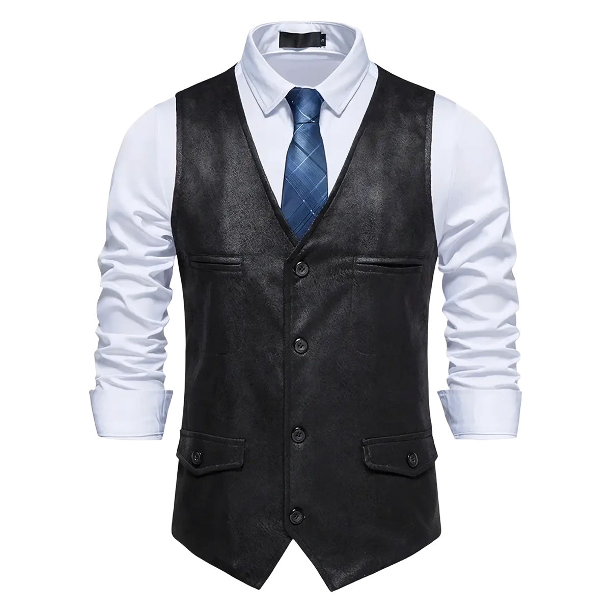 Men brown suede waistcoat business vest featuring black textured front button closure and flap pockets