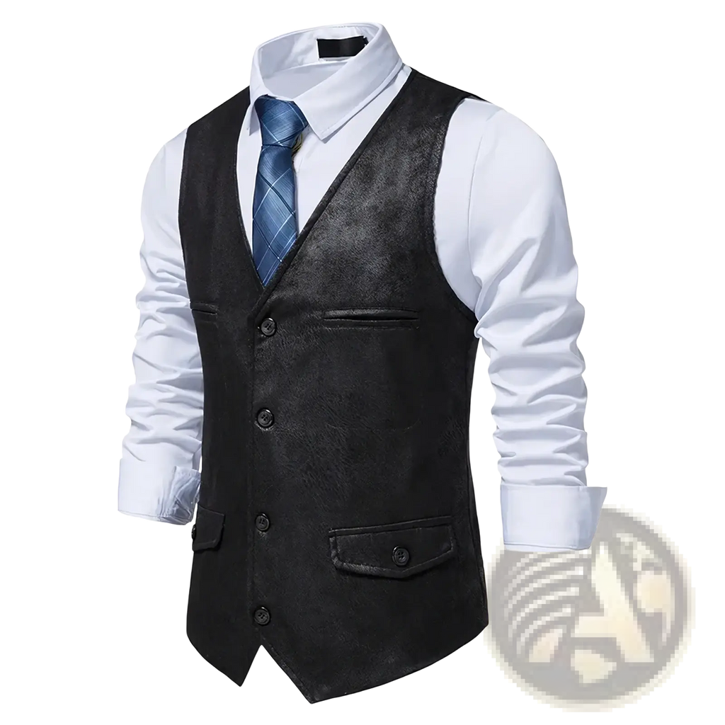 Men brown suede waistcoat business vest featuring black textured front with three buttons and two flap pockets