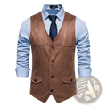 Men brown suede waistcoat business vest featuring black buttons and two front pockets in suede material