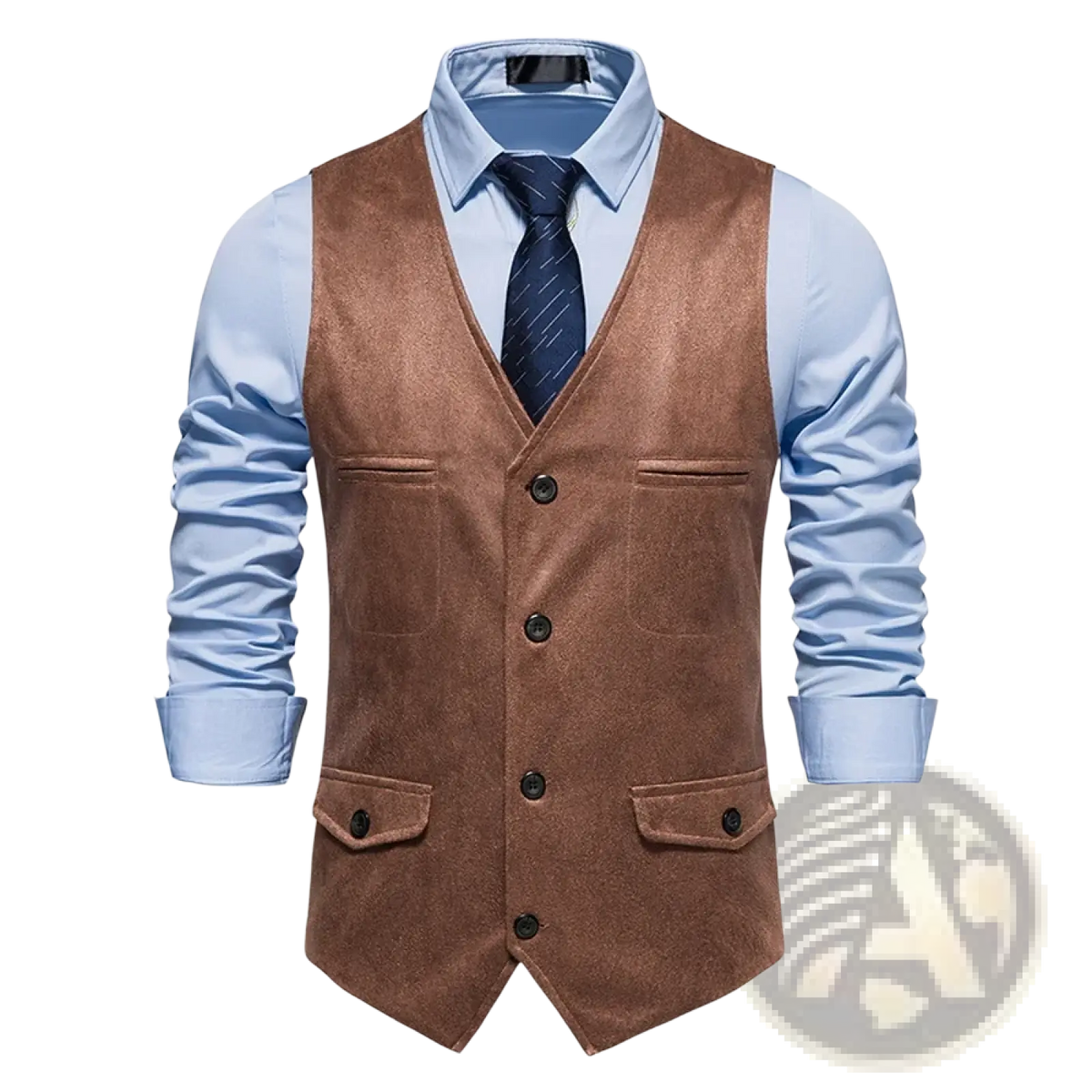Men brown suede waistcoat business vest featuring black buttons and two front pockets in suede material