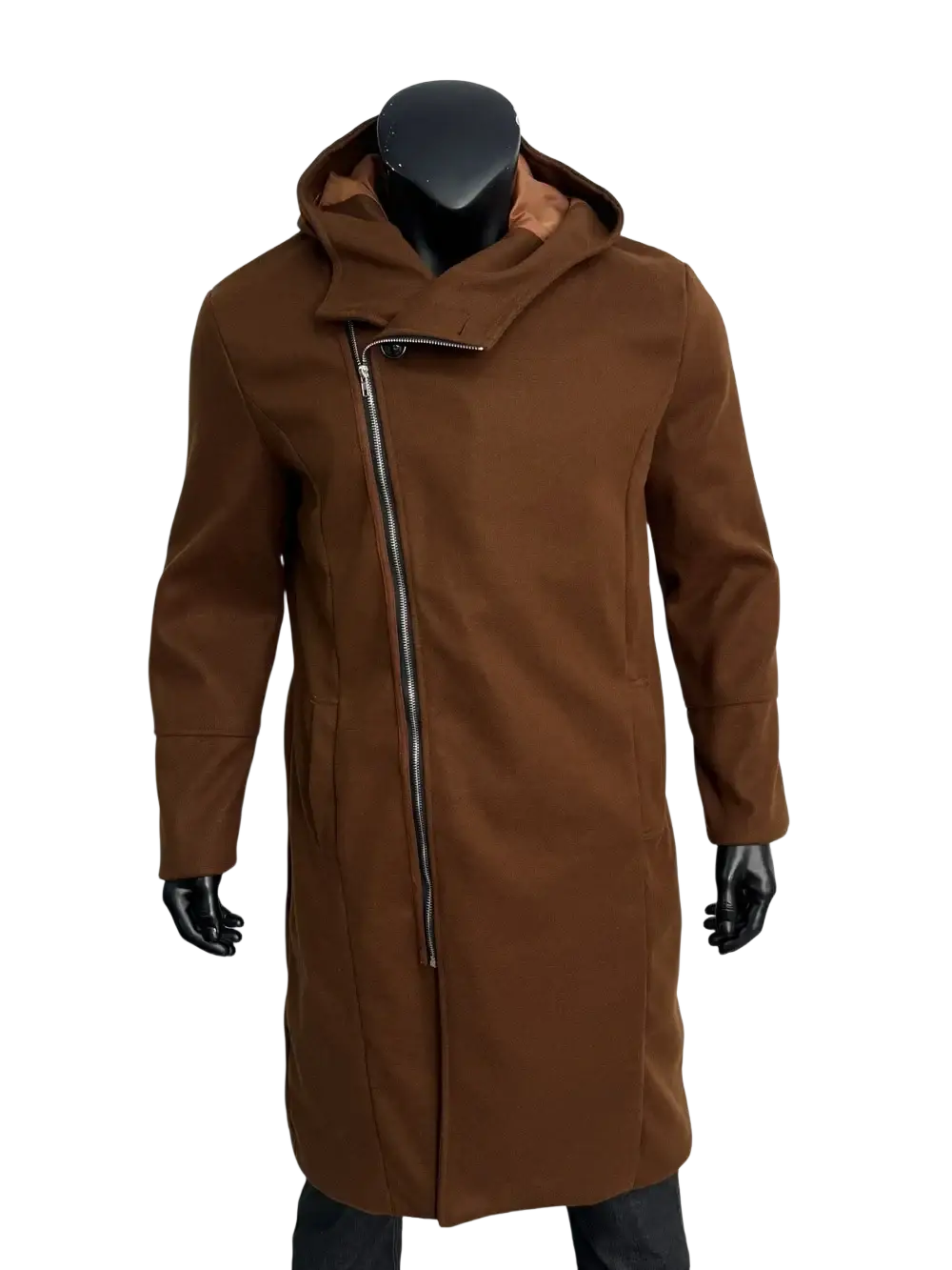 Men brown wool hooded trench coat with central zipper and subtle stitching details for y2k streetwear