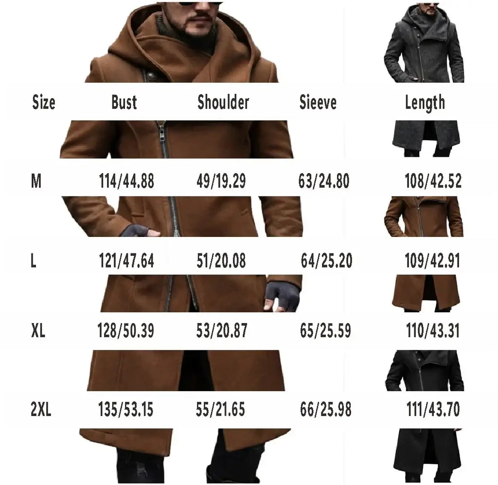 Men brown wool hooded trench coat with zipper front and asymmetrical design available in multiple sizes