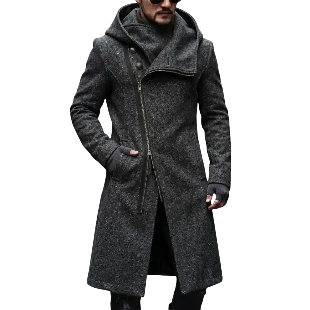 Dark gray woolen overcoat with hood and asymmetrical zipper for men inspired by y2k streetwear trench coat style