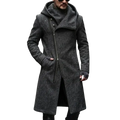 Dark gray woolen overcoat with hood and asymmetrical zipper for men inspired by y2k streetwear trench coat style