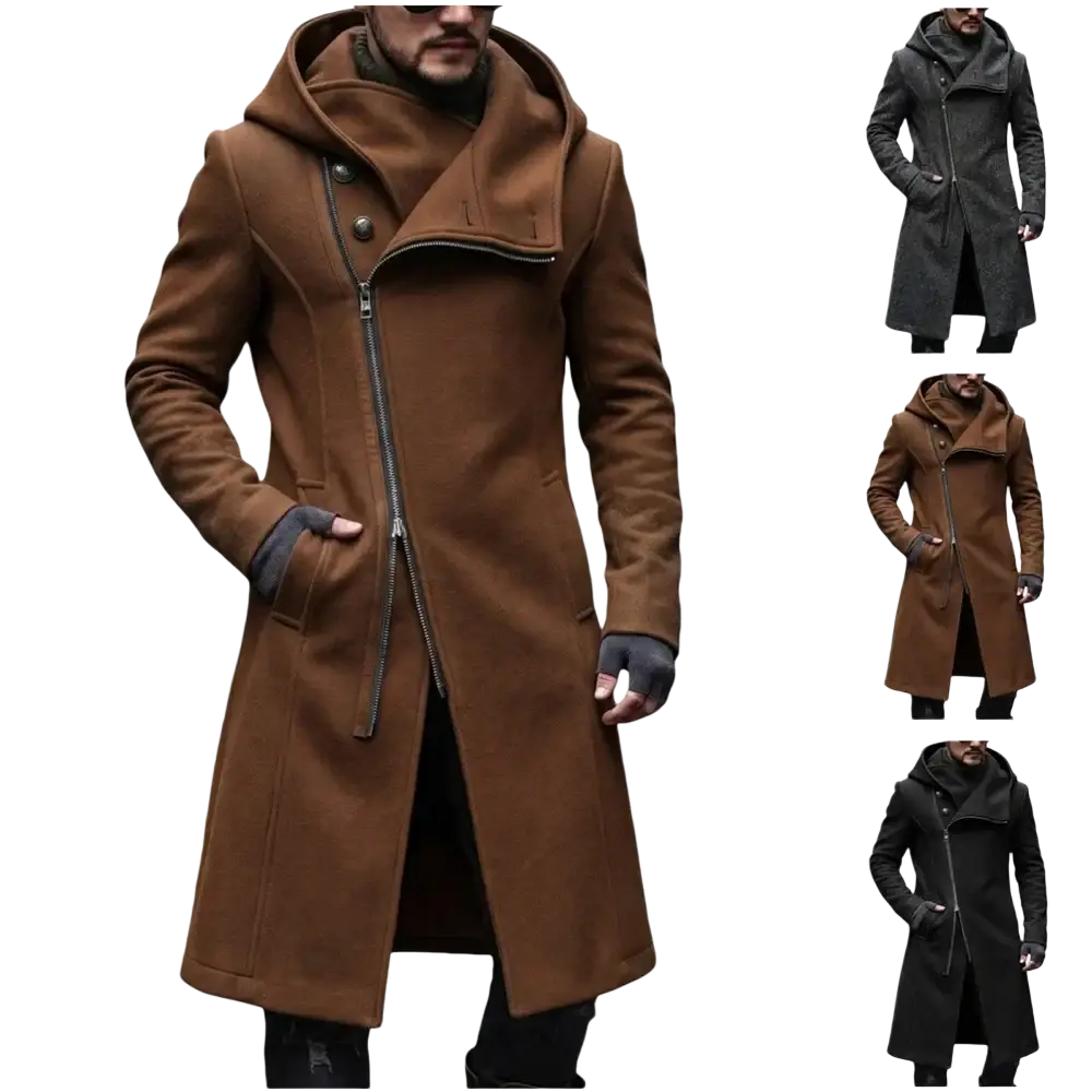 Men brown wool hooded trench coat with diagonal zipper and button closure y2k streetwear style