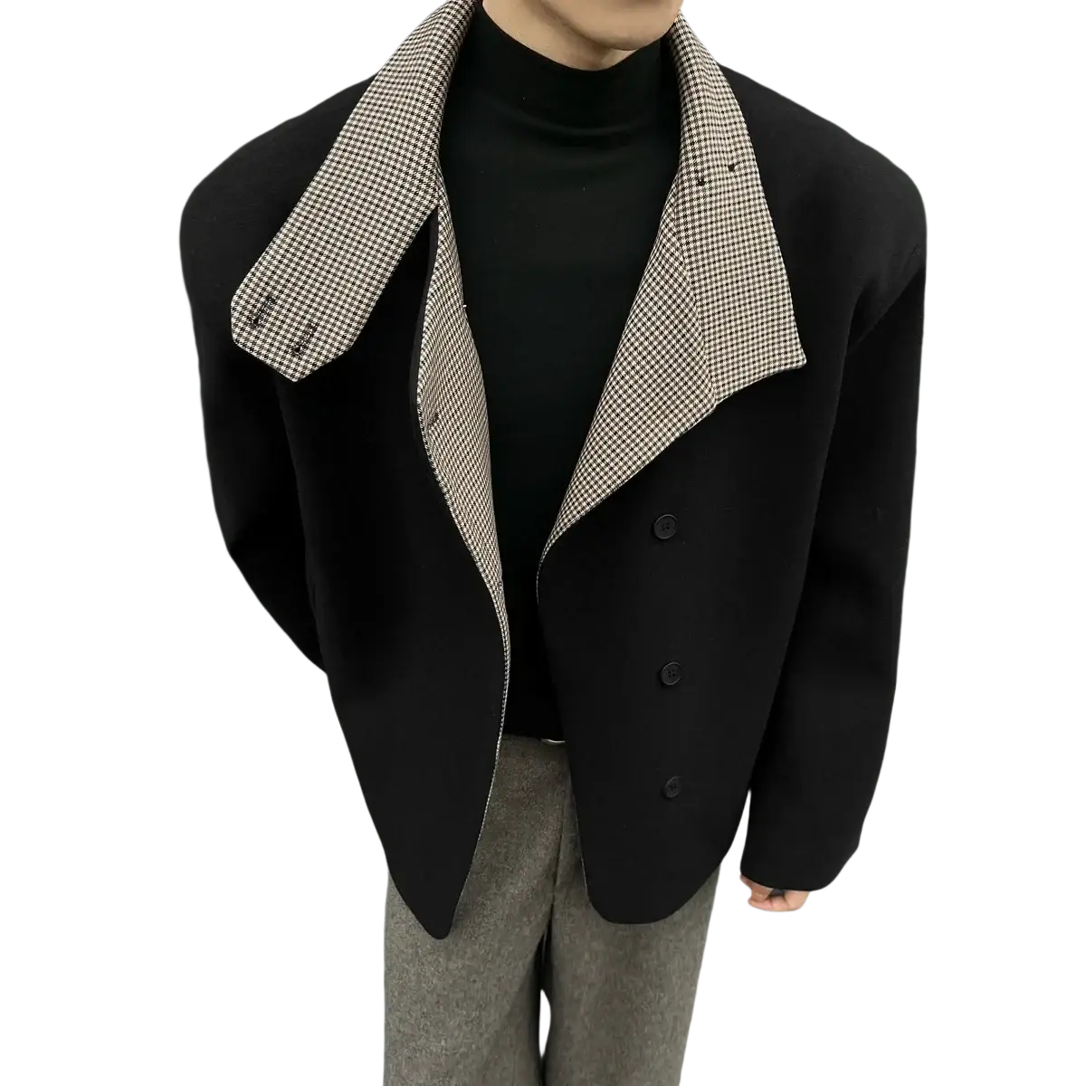 Men brown woolen winter jacket slim fit with black wool coat and contrasting houndstooth collar detail