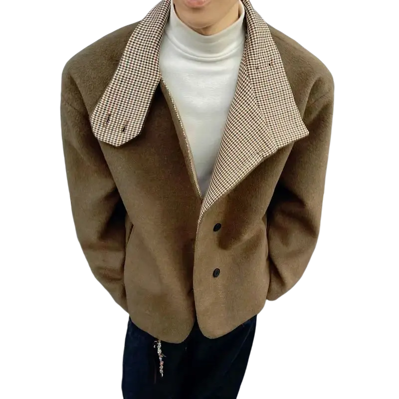 Men brown woolen winter jacket slim fit with a beige and brown houndstooth stand collar for cold weather