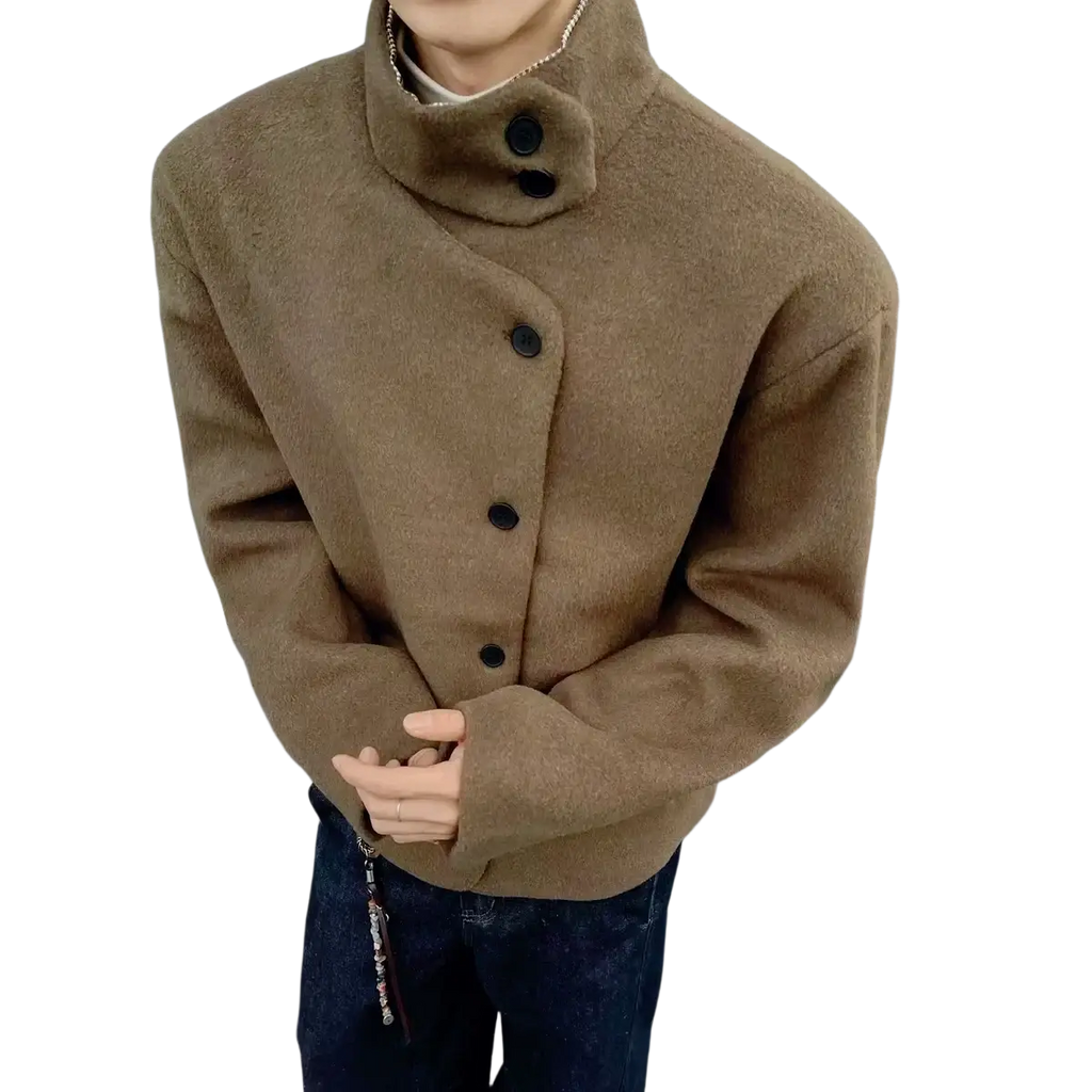 A men brown woolen winter jacket with a slim fit and stand collar featuring black buttons