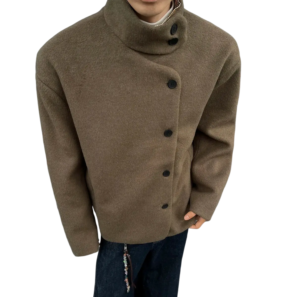 Men brown woolen winter jacket slim fit with high collar and dark buttons for cold weather wear