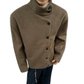 Men brown woolen winter jacket slim fit with high collar and dark buttons for cold weather wear