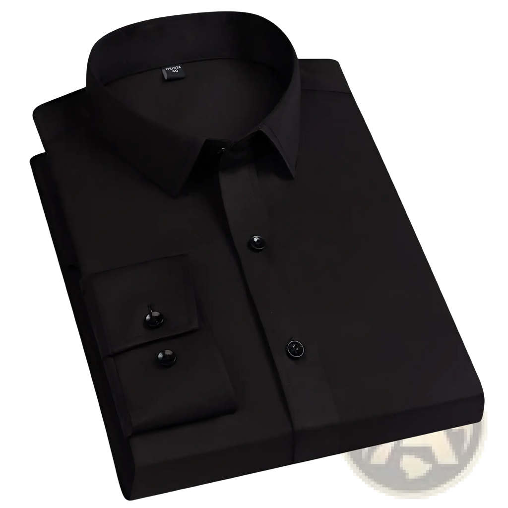 Men business casual stretch dress shirt in black with classic collar and buttoned cuffs for professional wear