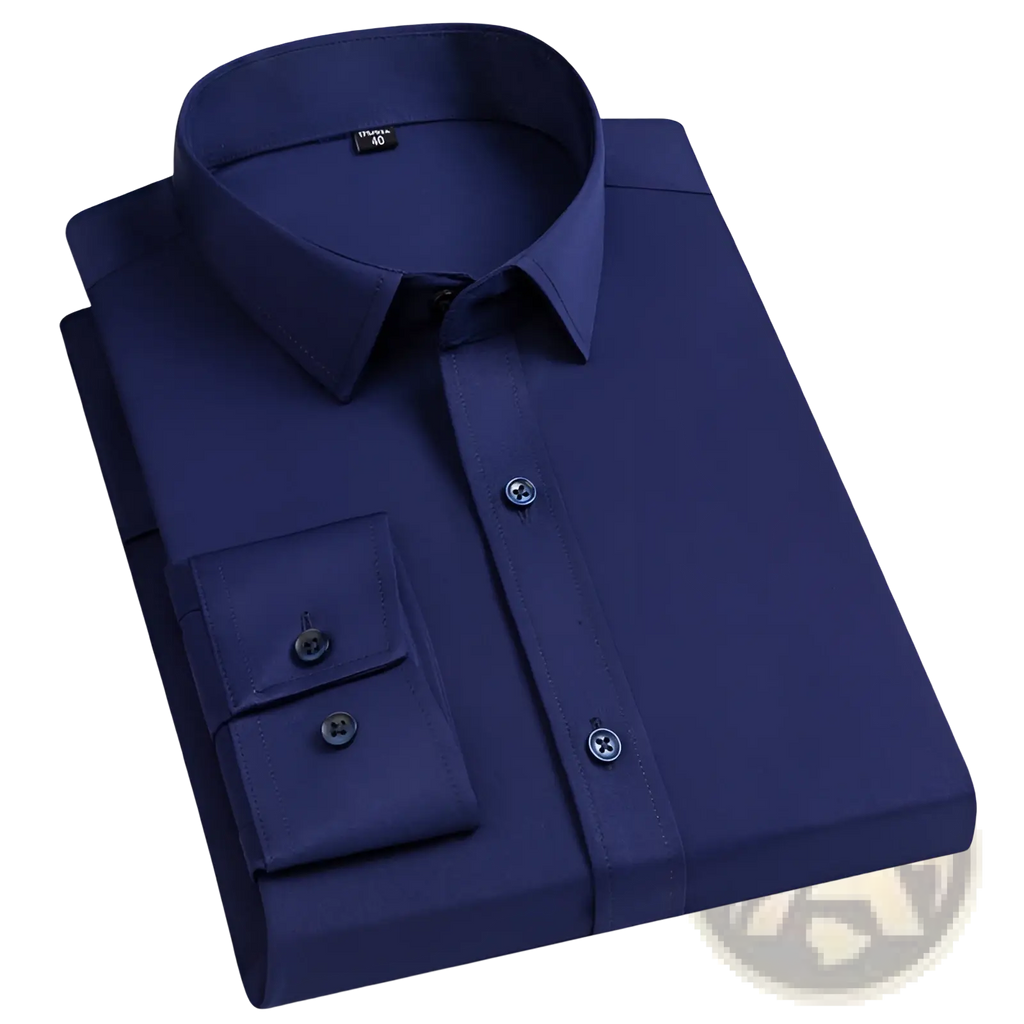 Navy blue men business casual stretch dress shirt with classic collar and buttoned cuffs for formal wear