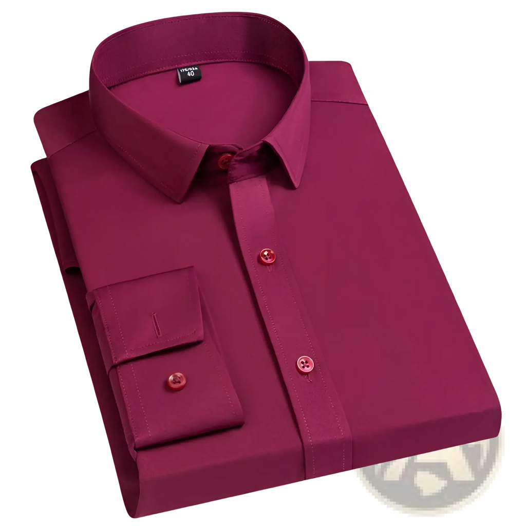 Men business casual stretch dress shirt in maroon with classic collar, buttoned cuffs, and matching red buttons neatly folded