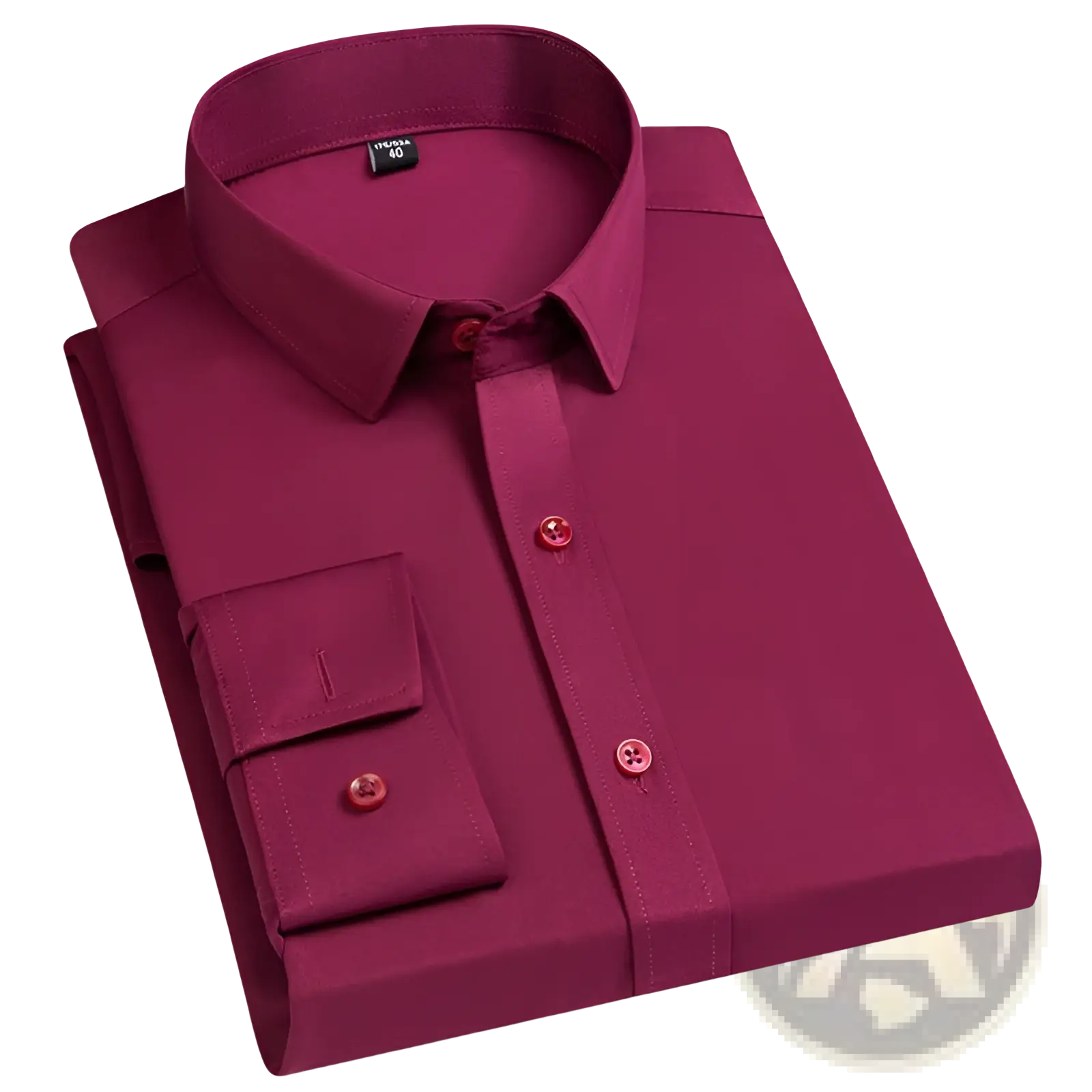 Men business casual stretch dress shirt in maroon with classic collar, buttoned cuffs, and matching red buttons neatly folded