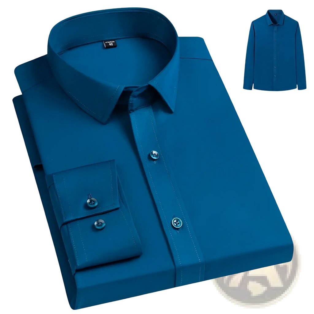 A sleek deep blue men business casual stretch dress shirt with elastic long sleeves and a classic collar