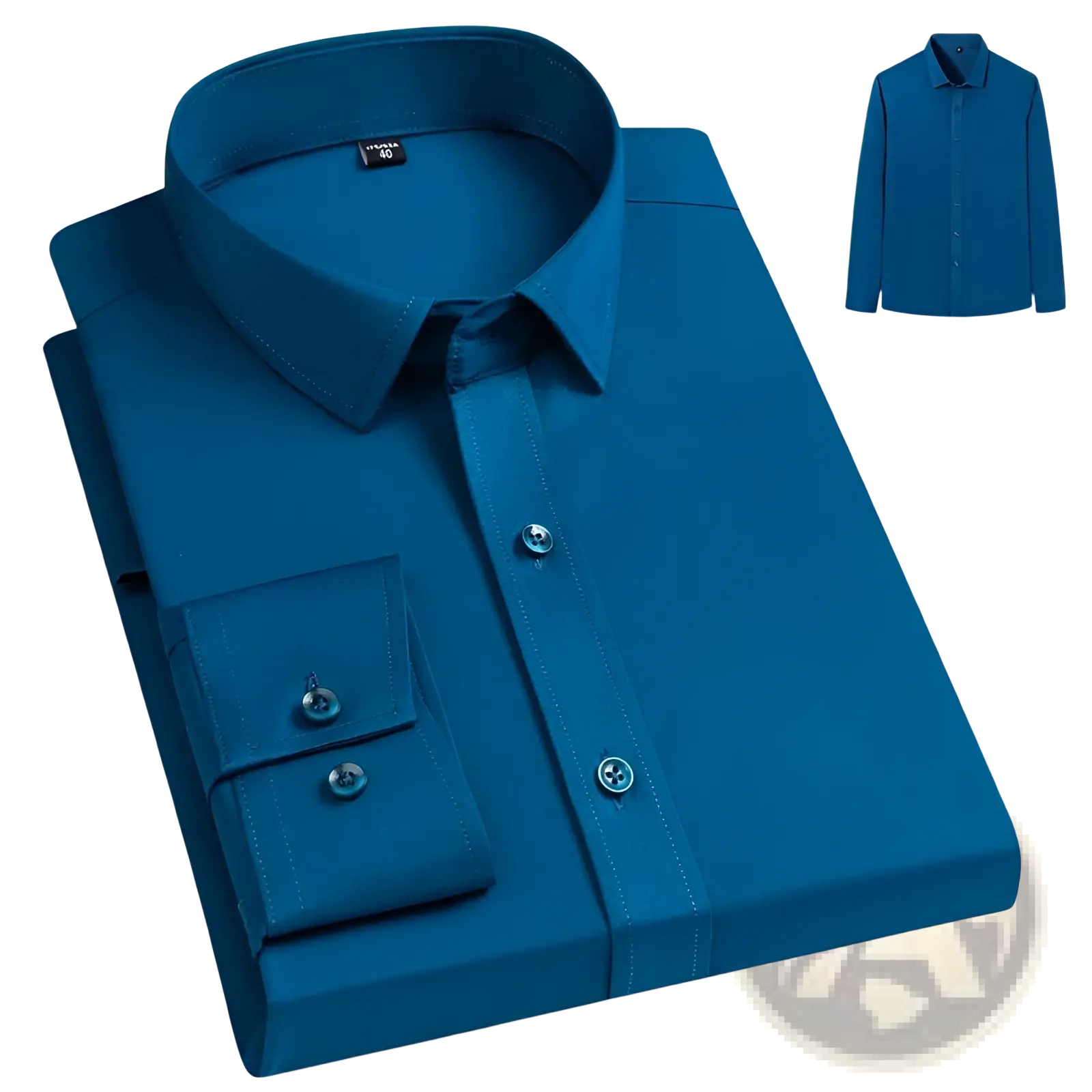 A sleek deep blue men business casual stretch dress shirt with elastic long sleeves and a classic collar