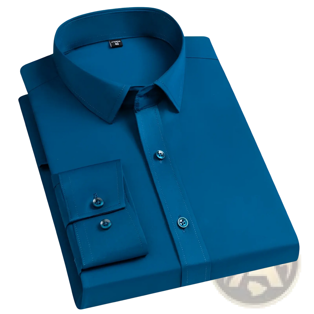Men business casual stretch dress shirt in solid blue with a crisp collar and buttoned cuffs for professional wear