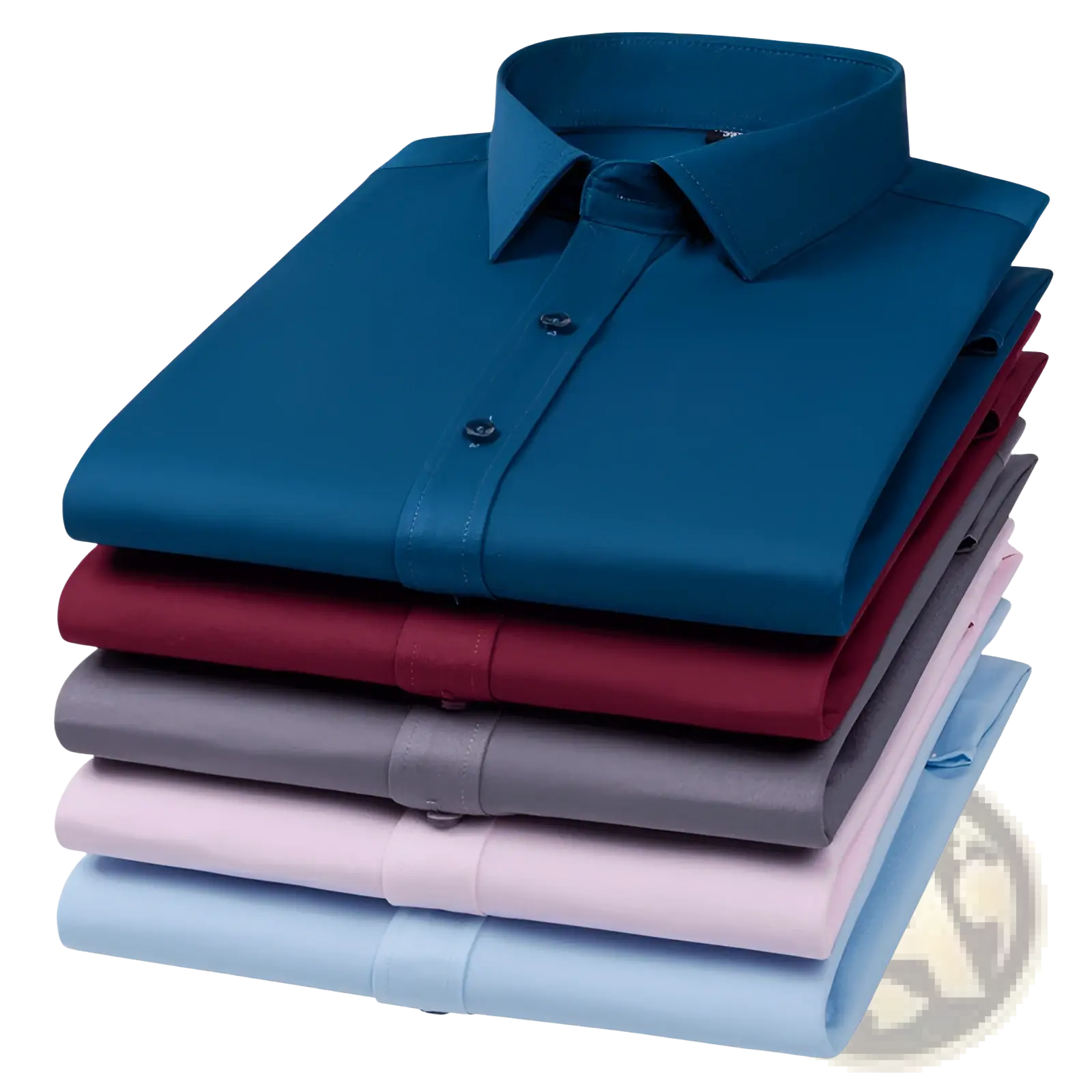 Stack of neatly folded men business casual stretch dress shirts in solid teal burgundy gray light pink and pale blue colors