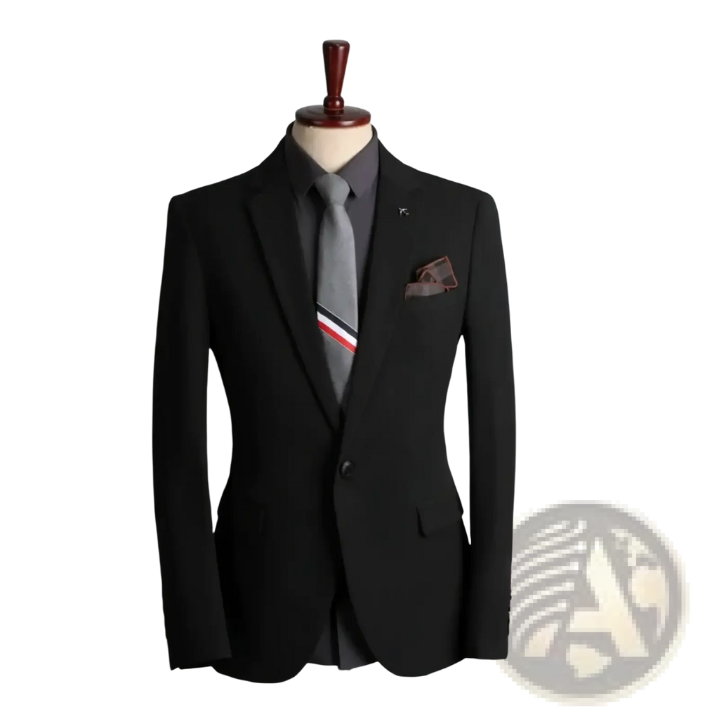 Men business casual suit blazer black tailored single button jacket worn over dark gray shirt with striped tie