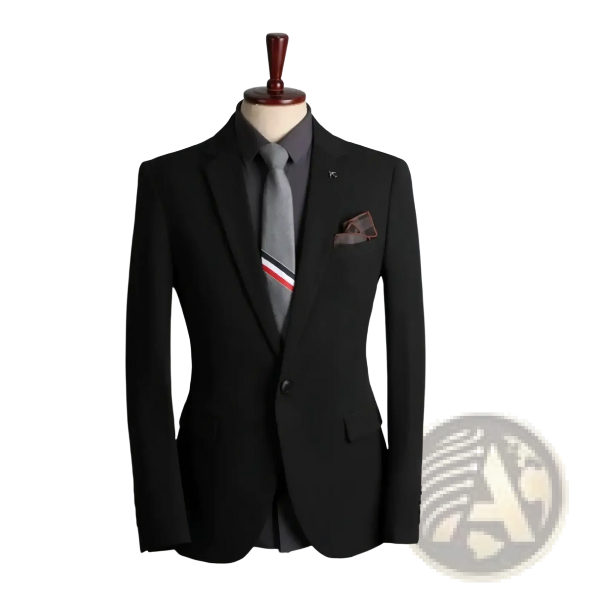 Men business casual suit blazer black tailored single button jacket worn over dark gray shirt with striped tie