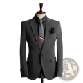 Gray tailored men business casual suit blazer with subtle textured weave paired with charcoal shirt and striped tie