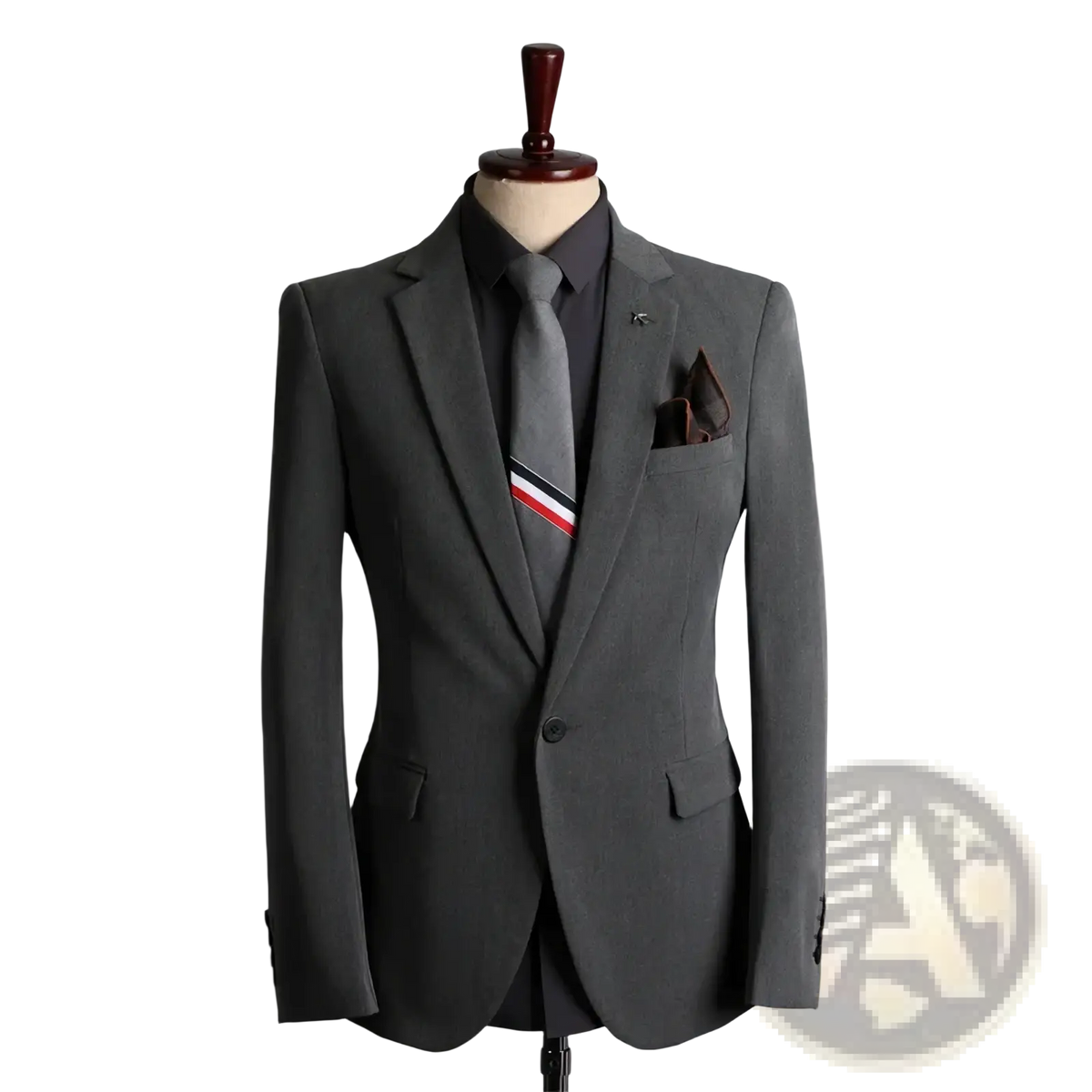 Gray tailored men business casual suit blazer with subtle textured weave paired with charcoal shirt and striped tie
