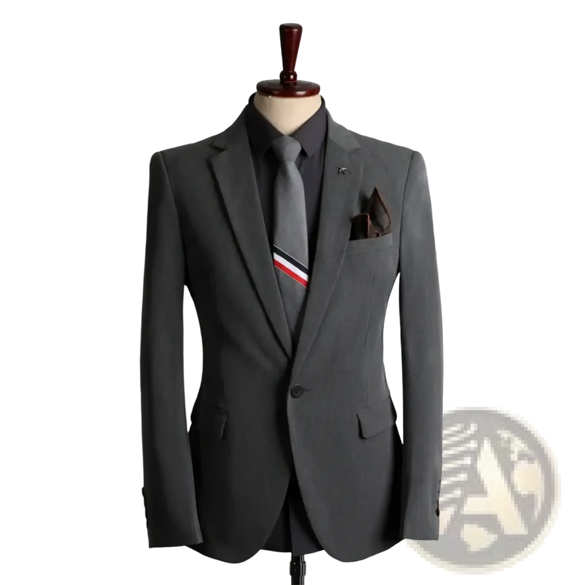Men business casual suit blazer gray tailored single-breasted jacket with subtle texture and matching gray tie with red white and blue stripes