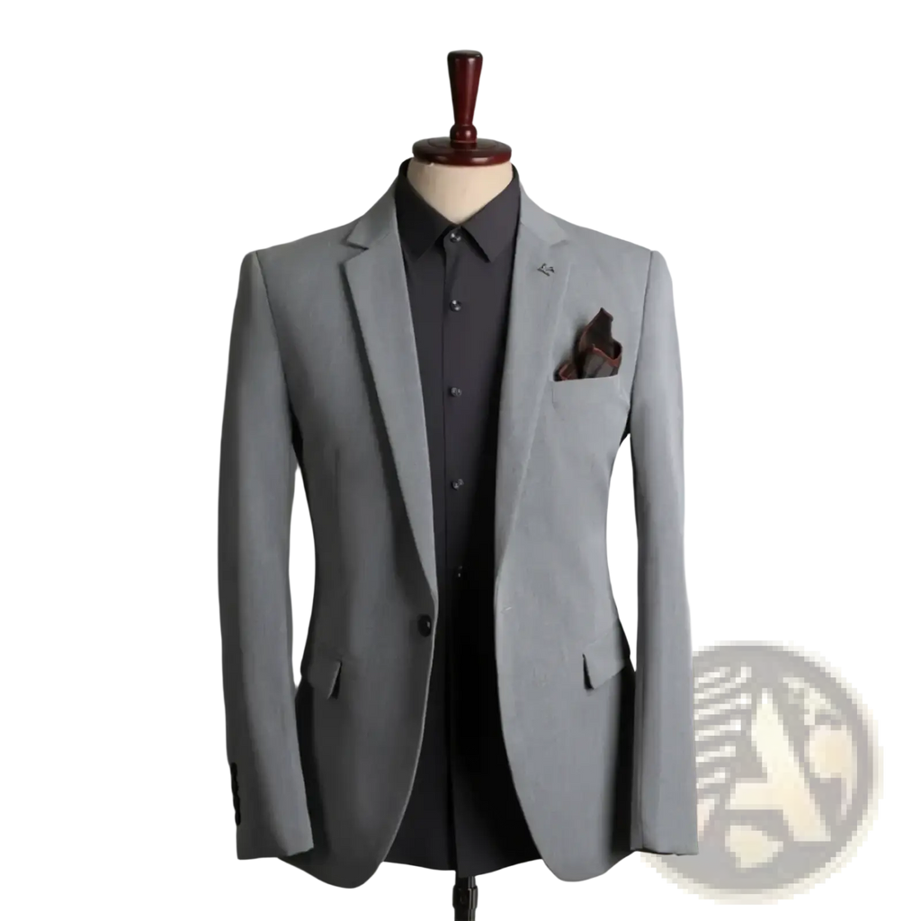 Men business casual suit blazer gray textured with subtle sheen notched lapels single-breasted design