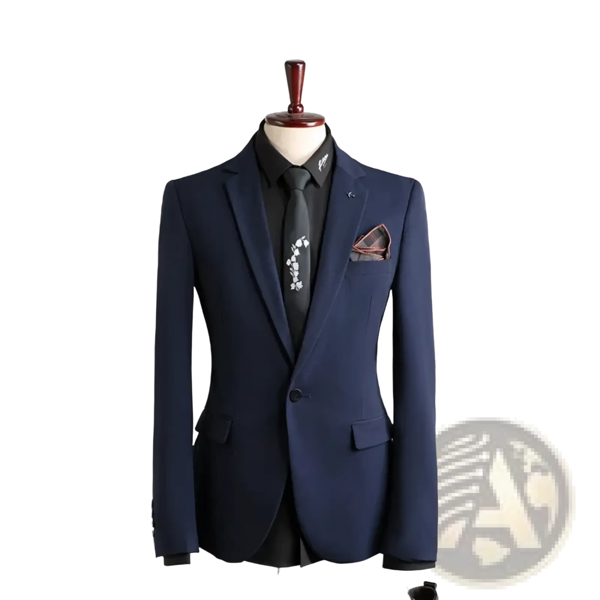 Men business casual suit blazer in navy blue tailored fabric with black shirt and floral embroidered tie and patterned pocket square