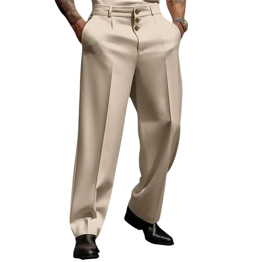 Beige pleated men business suit trousers with buttoned front and tailored straight loose fit for formal use