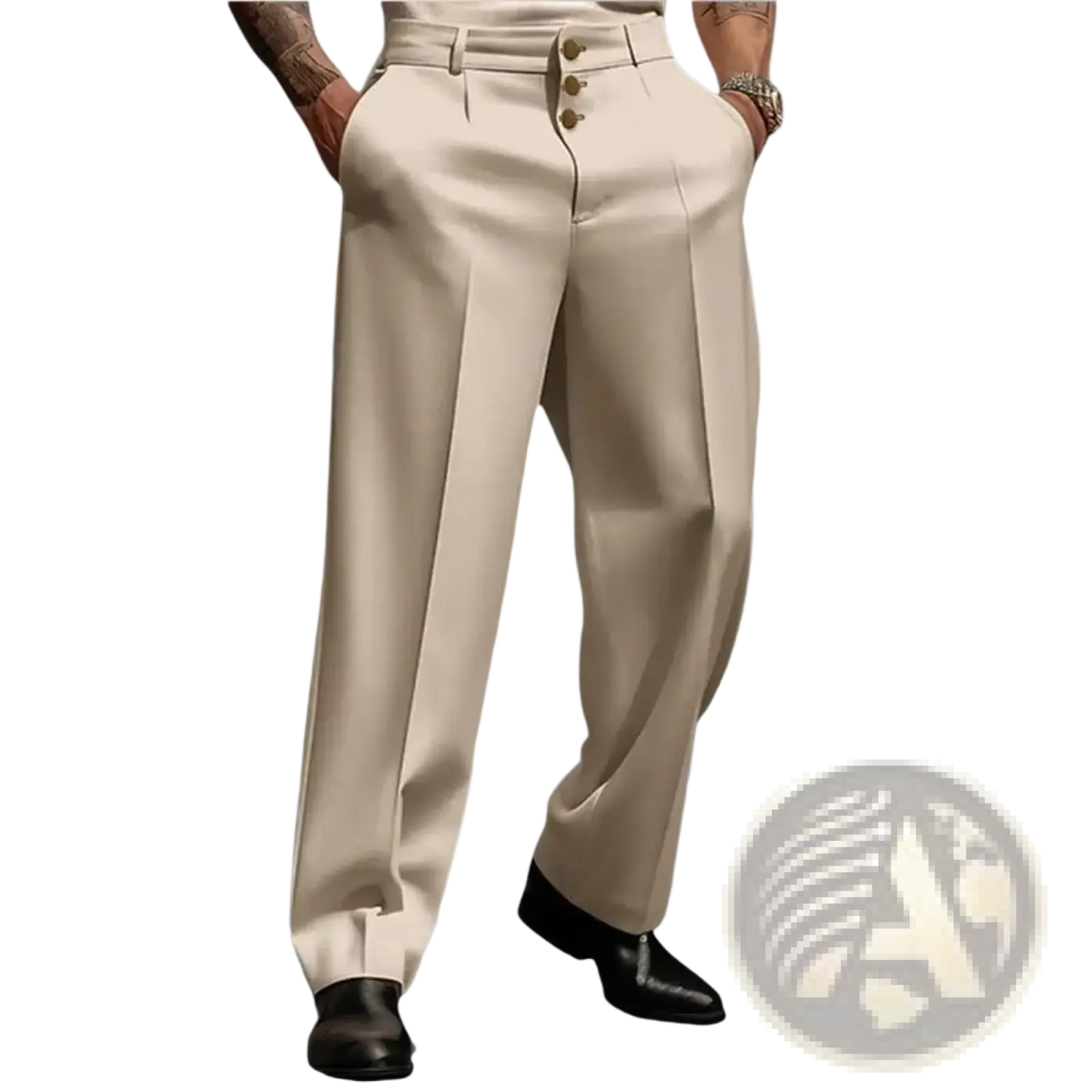 Beige men business suit trousers with tailored wide-leg fit, three gold buttons waistband, and subtle pleats for formal wear