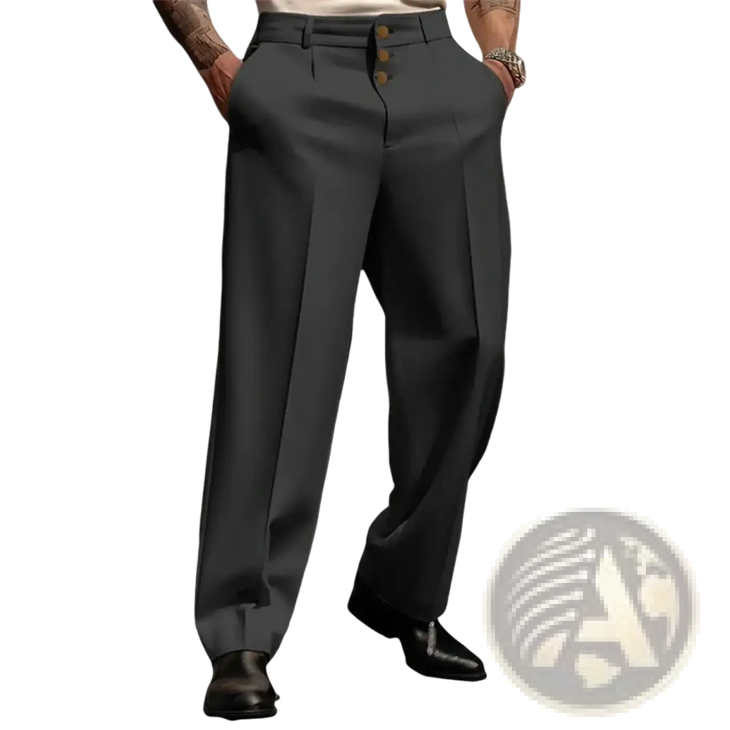 Men business suit pants in dark gray with straight-leg cut and three gold-toned buttons at waistband for formal wear
