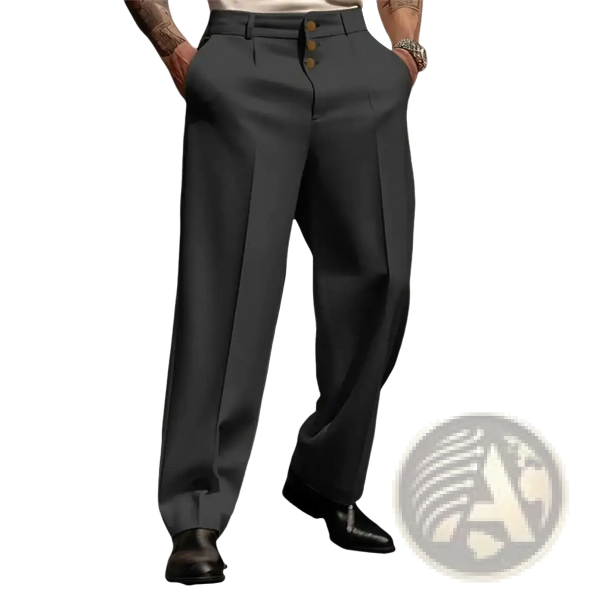 Men business suit pants in dark gray with straight-leg cut and three gold-toned buttons at waistband for formal wear