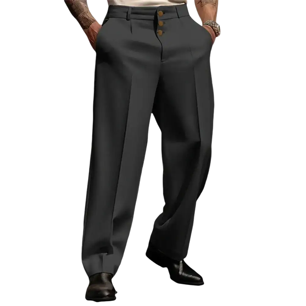 Men business suit pants in dark gray with straight-leg cut and three gold-toned buttons at waistband for formal wear