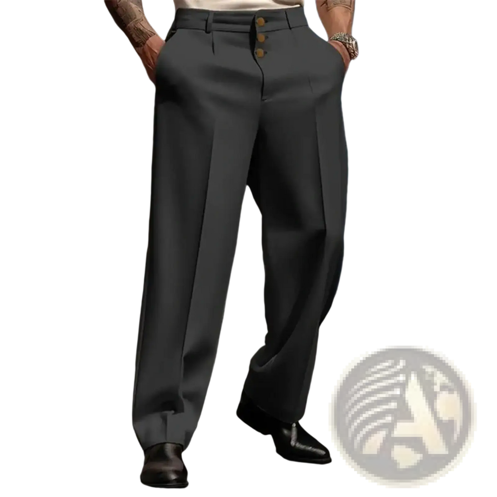 Dark gray men business suit trousers with tailored modern cut and three gold-toned buttons at the waistband