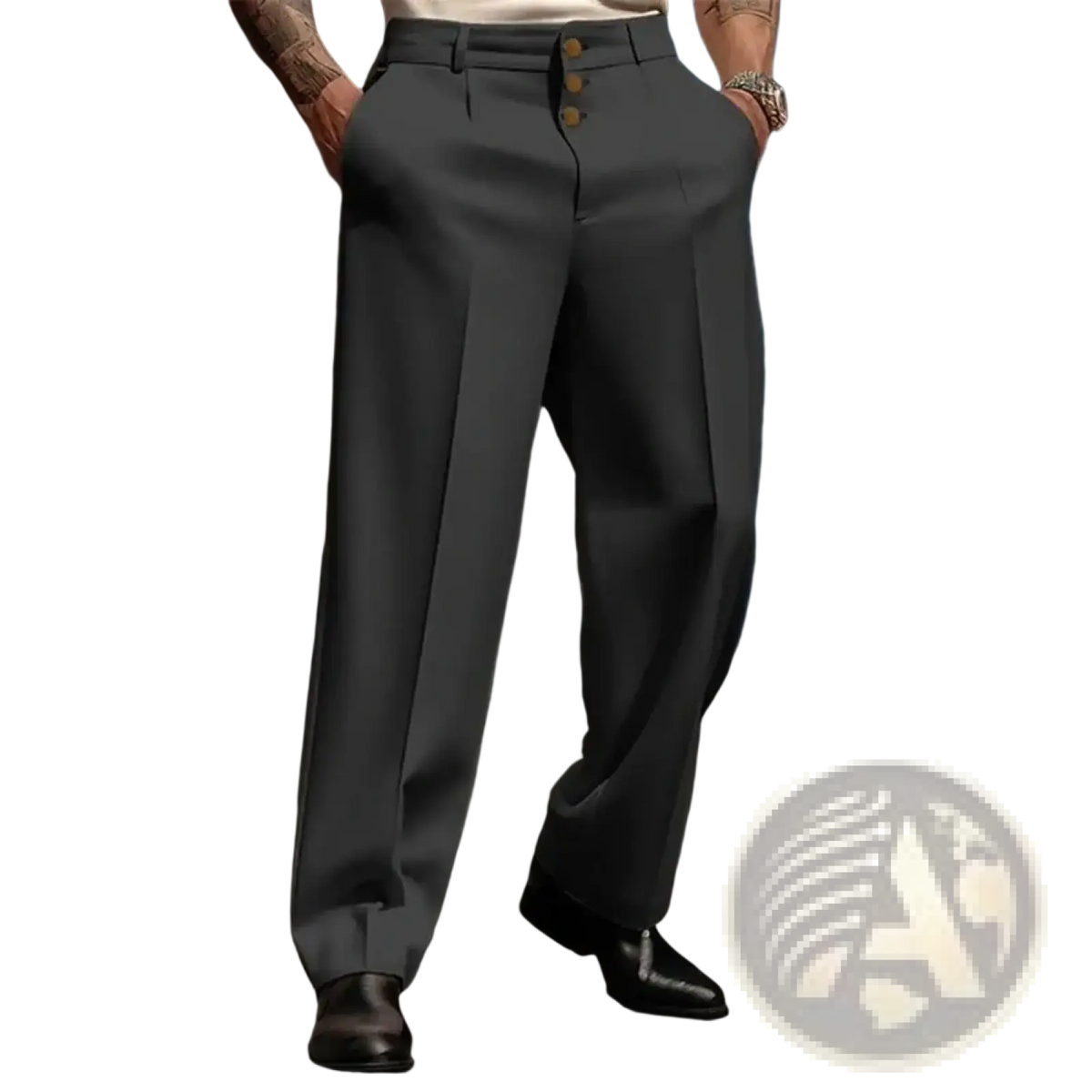 Dark gray men business suit trousers with tailored modern cut and three gold-toned buttons at the waistband