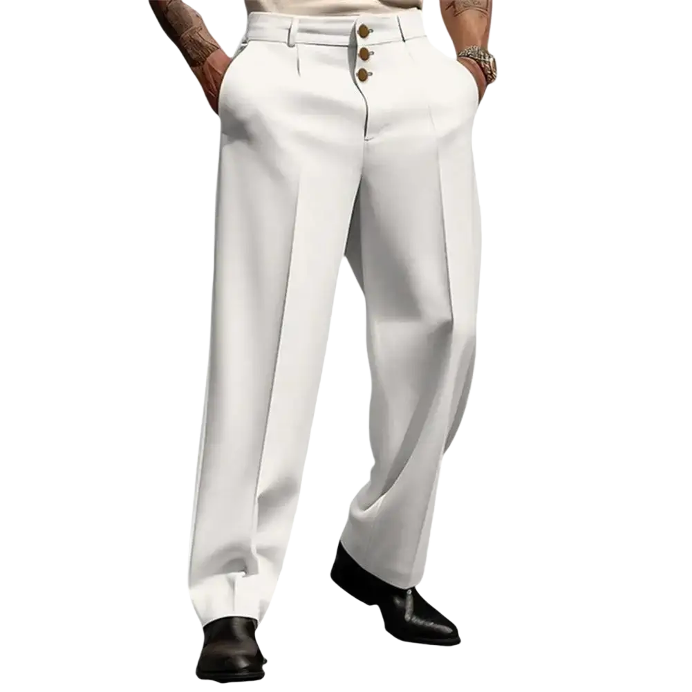 Men business suit white pleated trousers with gold-tone buttons tailored fit formal straight loose fit pants