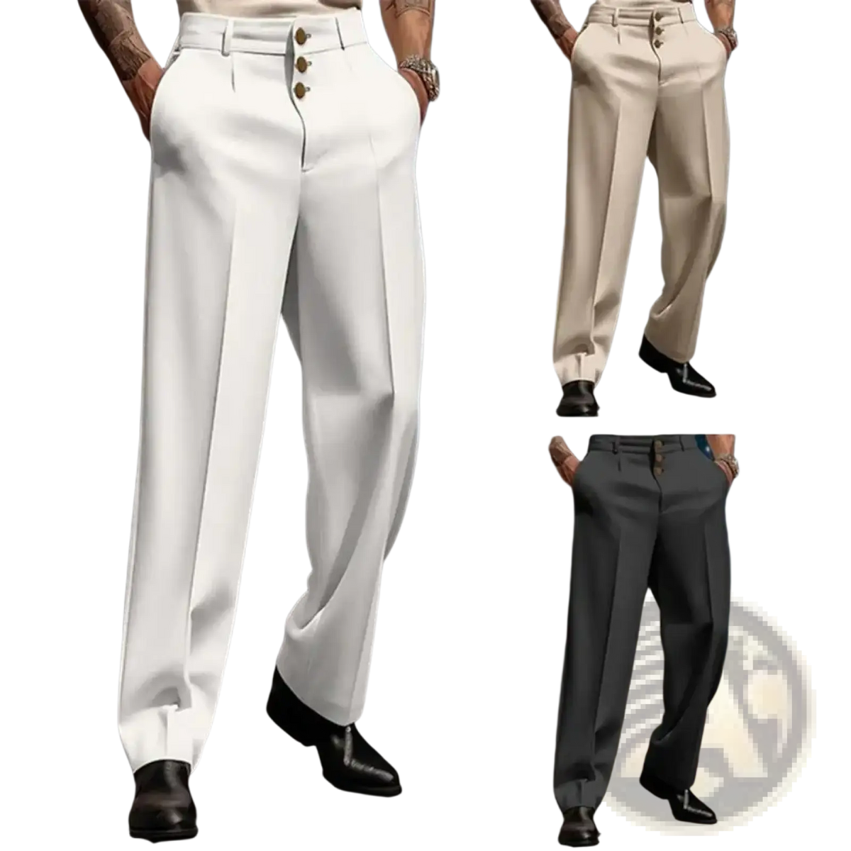 Men business suit pants in white cream and gray pleated tailored fit formal trousers with button front