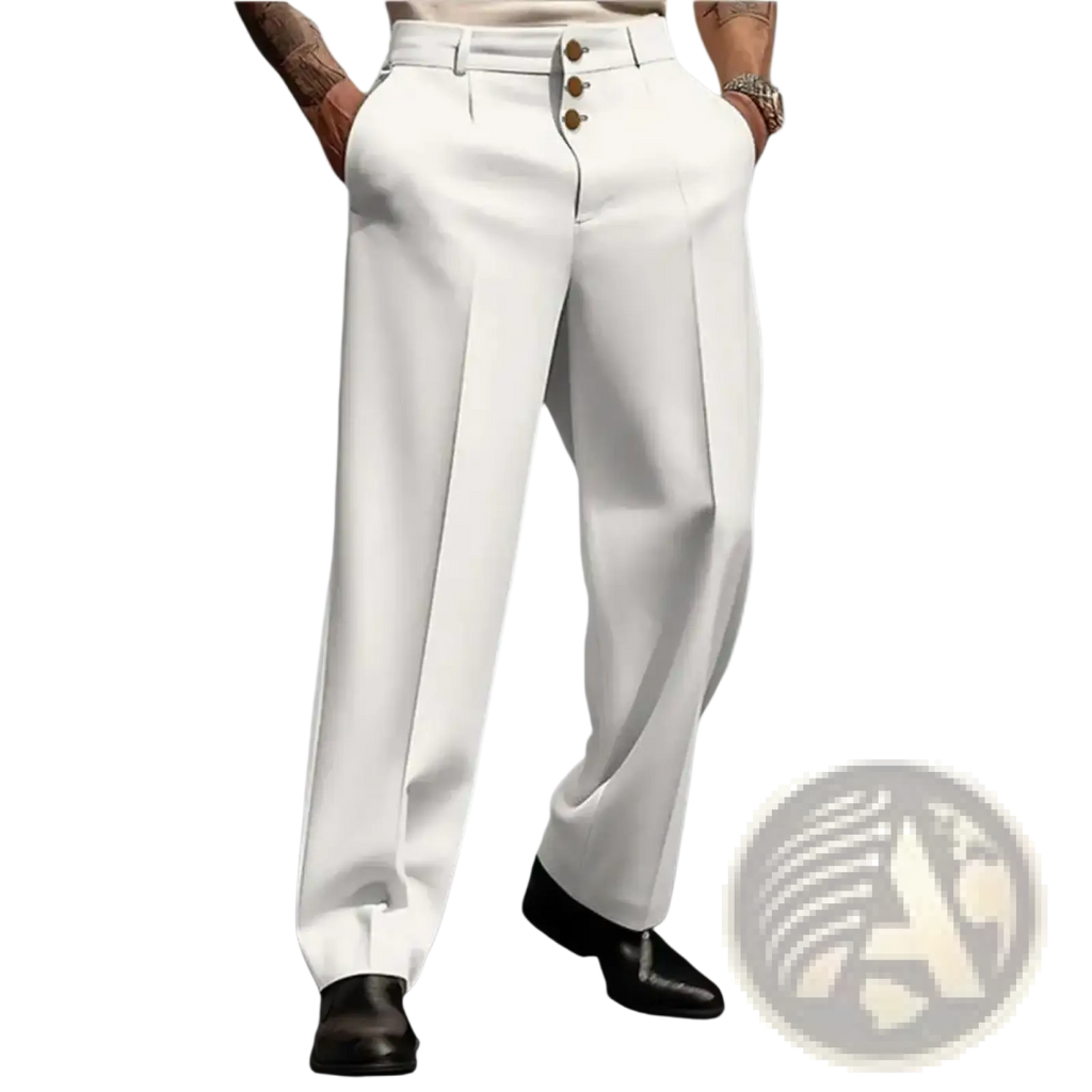 Men business suit pants in white with wide-leg, pleated front, and three gold-toned buttons at the waistband