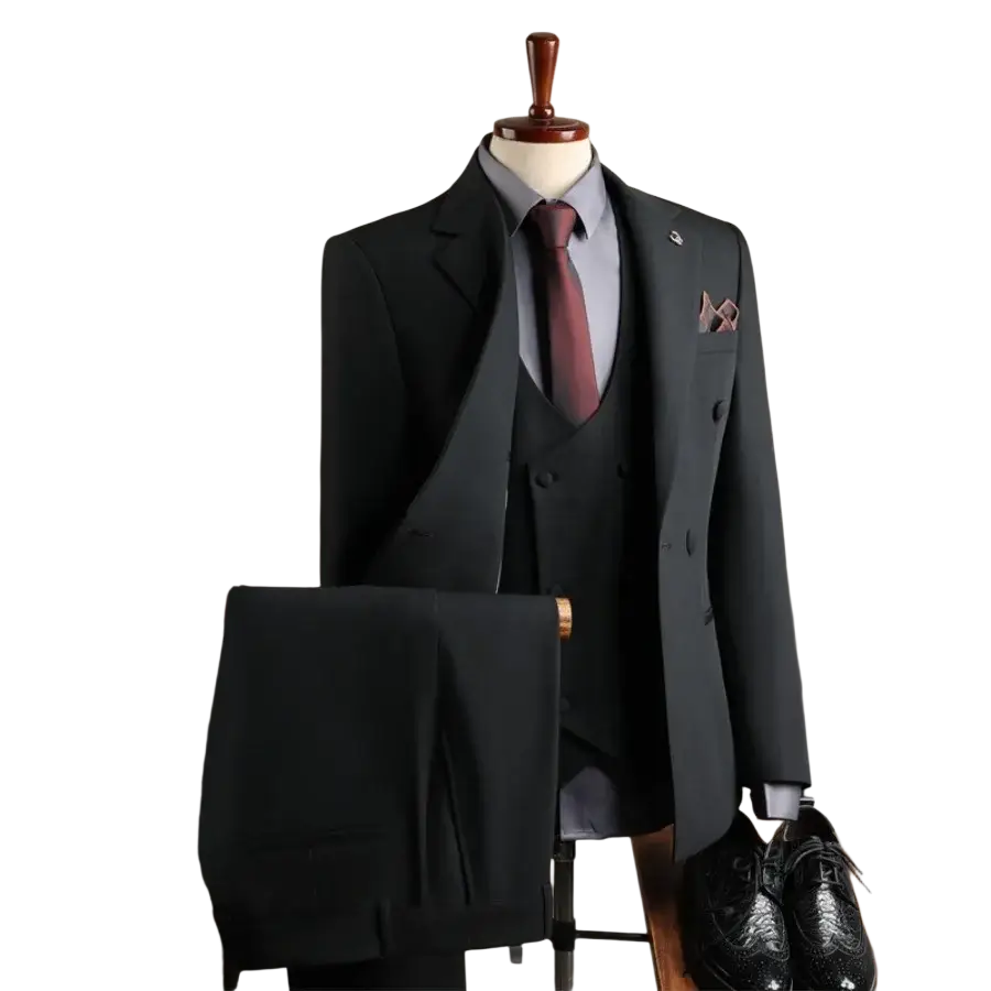 Black slim fit men business suit three piece set with matching vest and trousers for casual party occasions