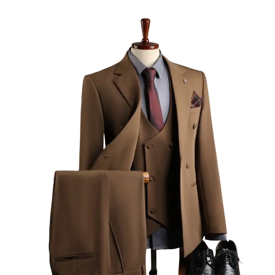 Brown slim fit men business suit three-piece set with tailored blazer and vest for fashion men business and casual party