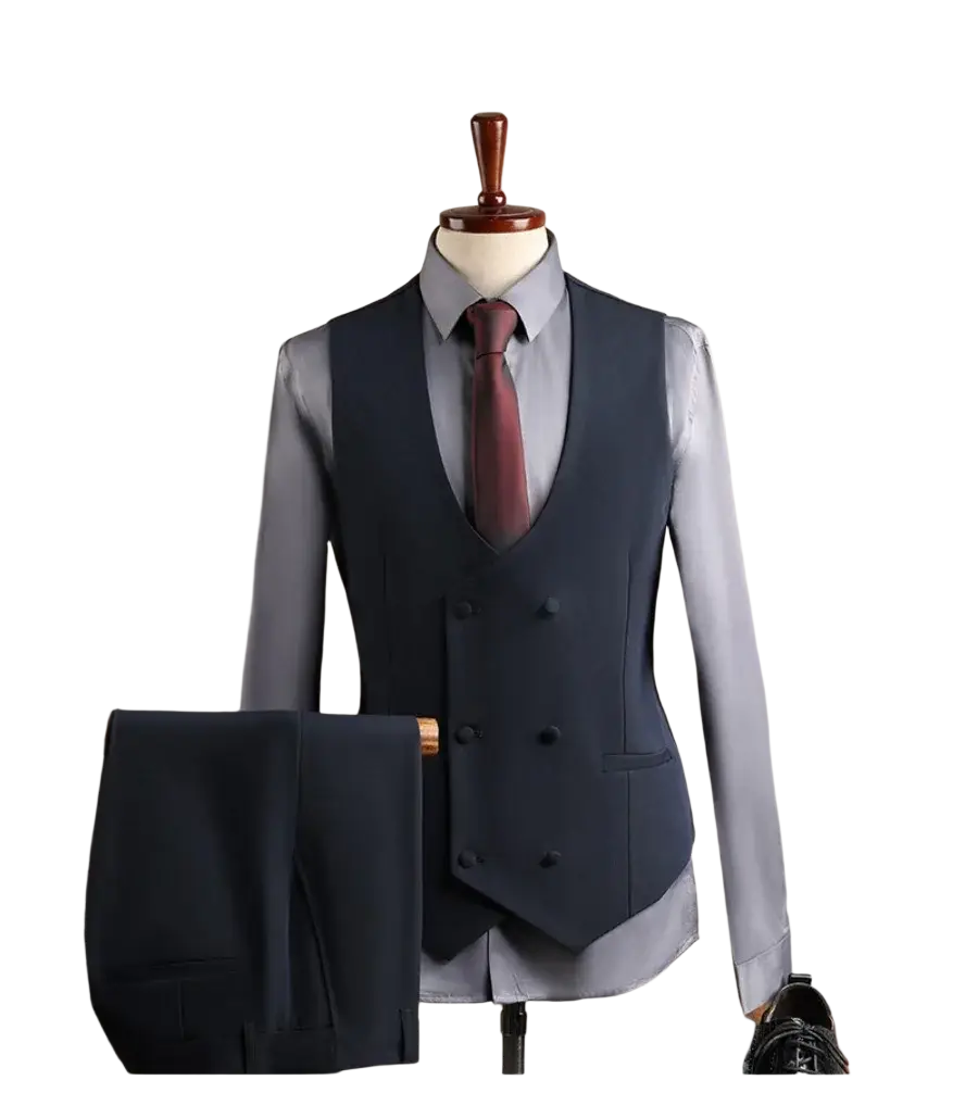 Navy blue double-breasted slim fit men business suit vest with black buttons ideal for fashion men business events and casual party