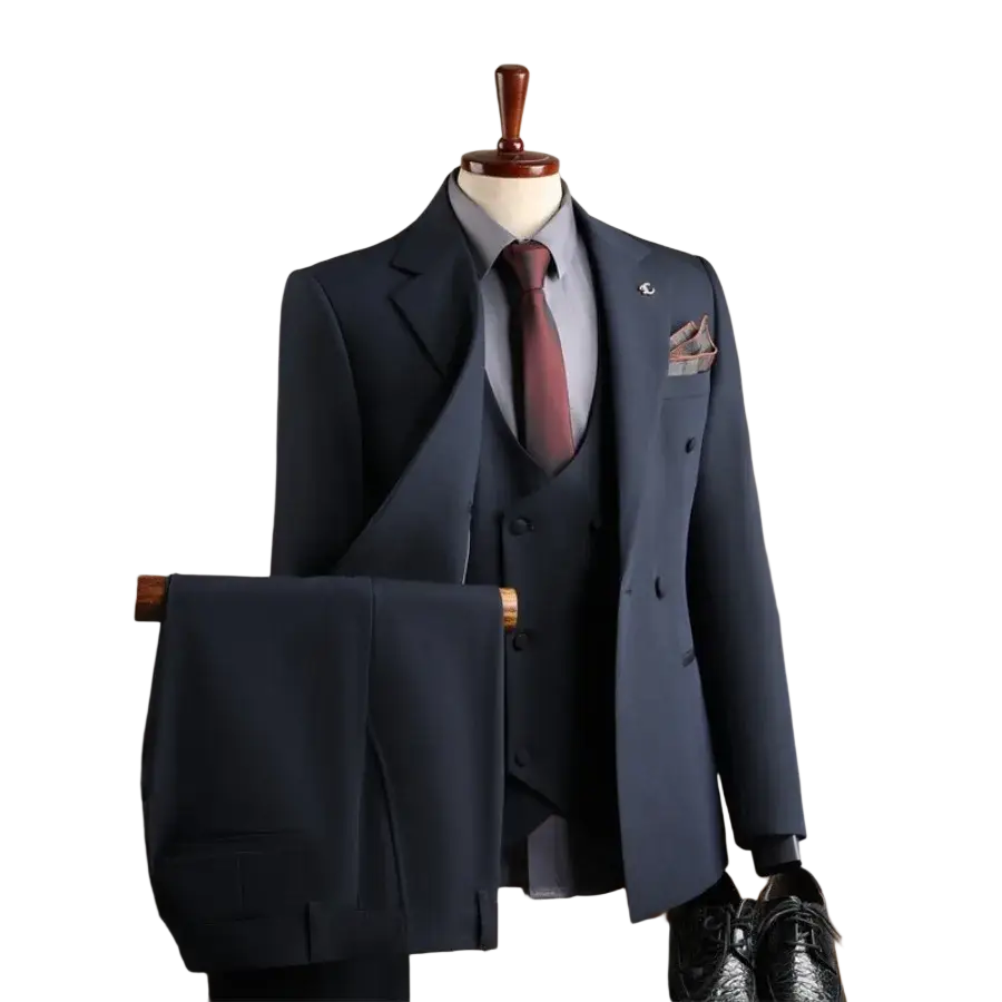 Navy blue men business suit slim fit three-piece set with matching vest and trousers suitable for casual party and fashion men business
