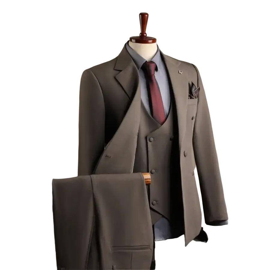 A tailored gray slim fit men business suit three piece set with matching vest jacket dark red tie and pocket square ideal for casual party