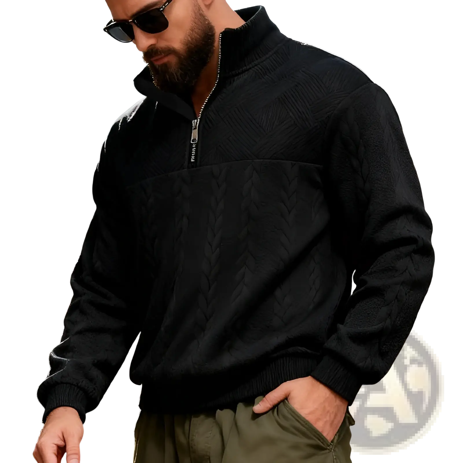 Men cable knit half-zip sweatshirt jacket in black featuring a textured cable knit pattern on chest and sleeves