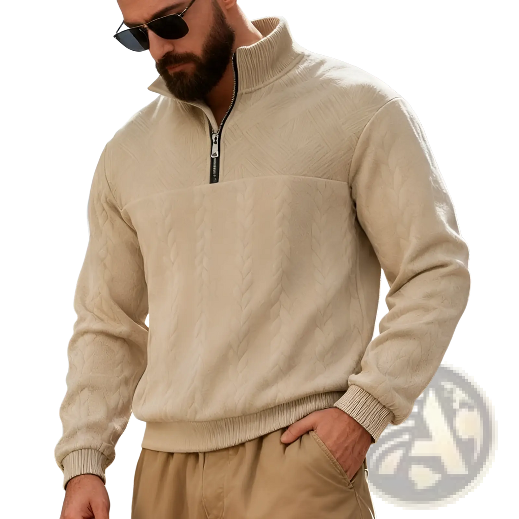 Beige men cable knit half-zip sweatshirt jacket with ribbed cuffs and hem made from warm knit material