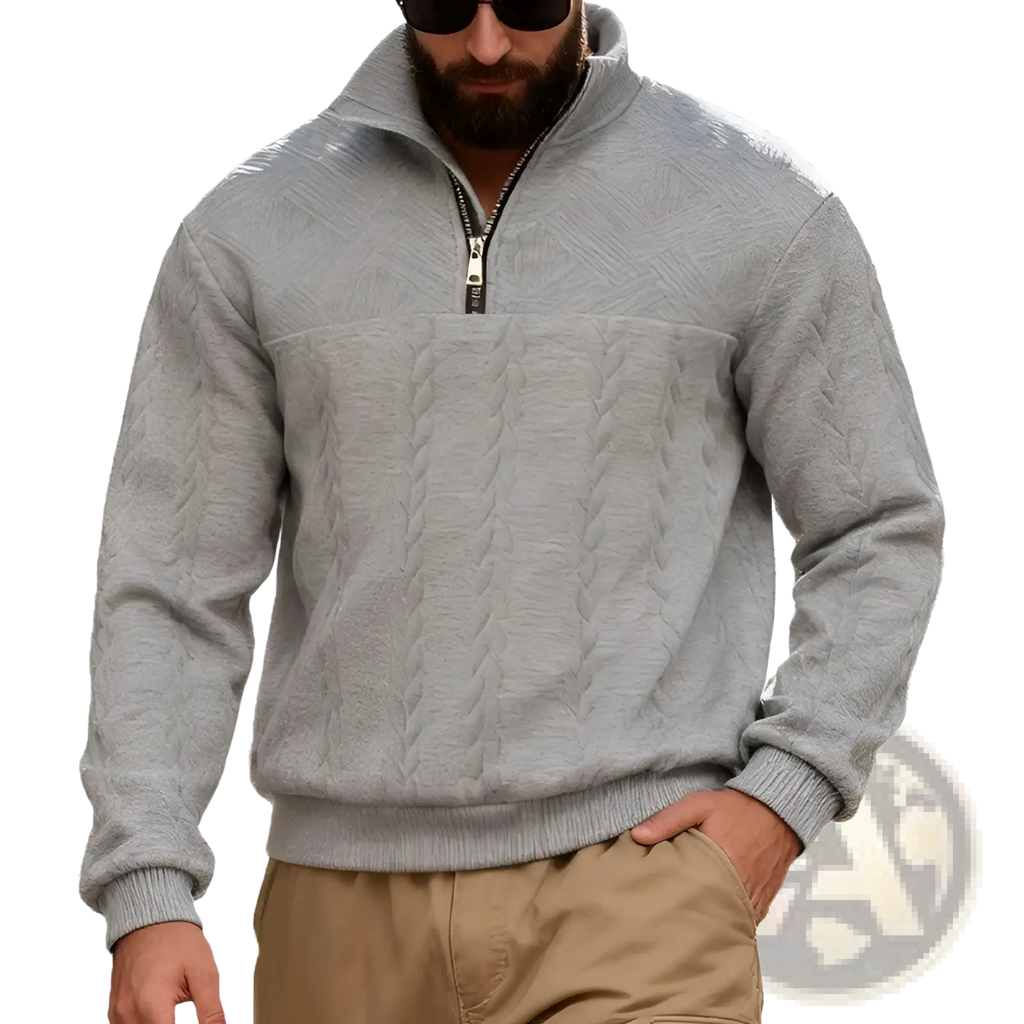 Men cable knit half-zip sweatshirt jacket in gray with ribbed cuffs and hem made of soft knit material