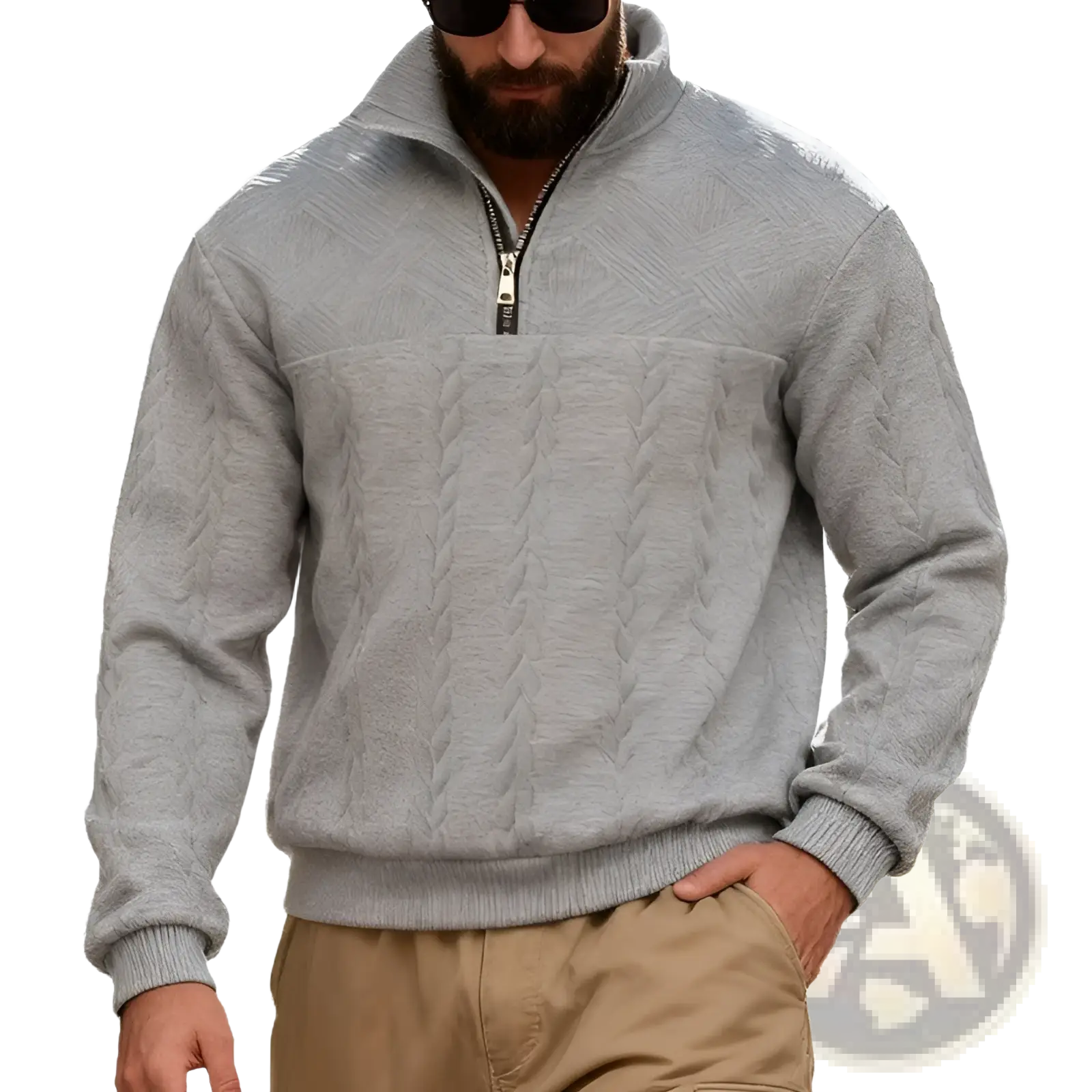 Men cable knit half-zip sweatshirt jacket in gray with ribbed cuffs and hem made of soft knit material