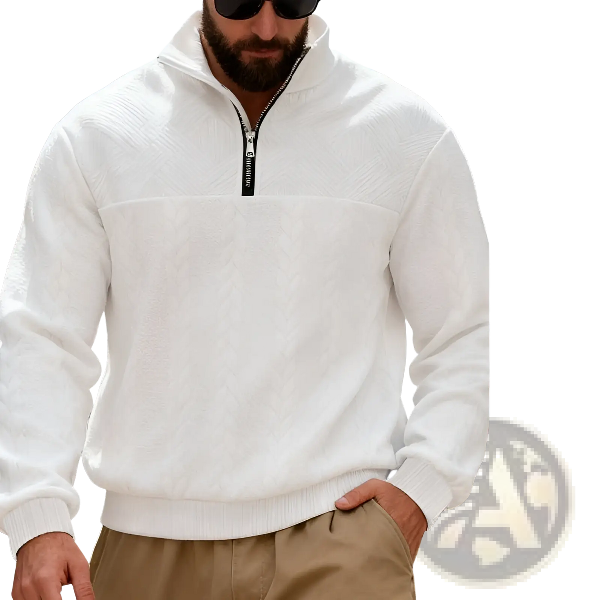 Men cable knit half-zip sweatshirt jacket in white fleece with textured cable knit pattern and ribbed cuffs
